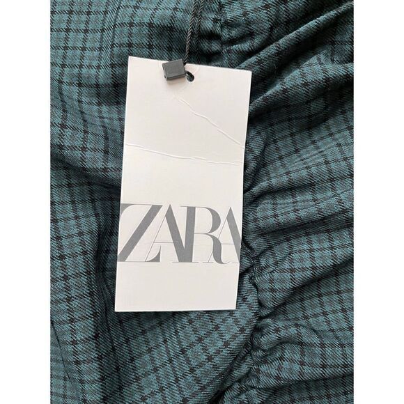 NWT Zara Green & Black Plaid Printed Draped Ruched Mini Skirt, Size Small - Picture 9 of 11